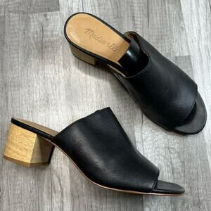 Madewell Devon Black Leather Wooden Block Heel Mules Sandals Slip-on Size 7 1/2